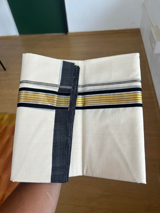 25% Discount! KaithariKada Handloom Millpaav - Kerala Handloom - Cotton Double Mundu/Dhoti Off white (Unbleached) - 80x90 - 1.75 inch Gold & Silver Kasav Black Stripes Kara 4.00 meter (8.5 Muzham) - 10 KK5386 RAM