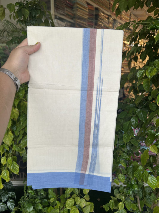 20% Discount ! Kaitharikada Balaramapuram 100% Pure Cotton Double Off white (Unbleached) Mundu/Dhoti - 100x80 - 1.25 inch Brown & Blue Shaded Stripes Chutty Kara 3.90 mtr (8 muzham) - 29 KK5313 PMC