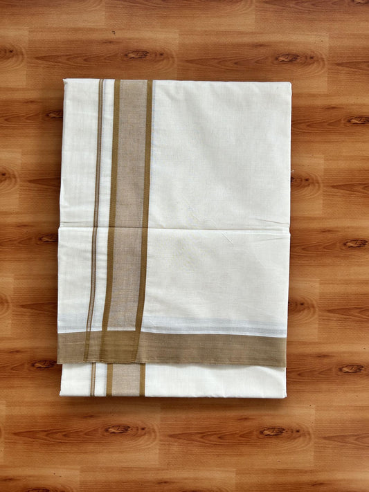 Double Off White Mundu/Dhoti- 20% Discount! KaithariKada 100% Cotton - 100X80 - 1.75 inch Light Brown Shaded Kara 4 mtr (8.5 muzham) - 1 KK5463 PMC