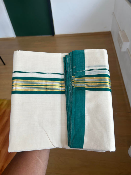 25% Discount! KaithariKada Handloom Millpaav - Kerala Handloom - Cotton Double Mundu/Dhoti Off white (Unbleached) - 80x90 - 1.75 inch Gold & Silver Kasav Peacock Green Stripes Kara 4.00 meter (8.5 Muzham) - 7 KK5386 RAM