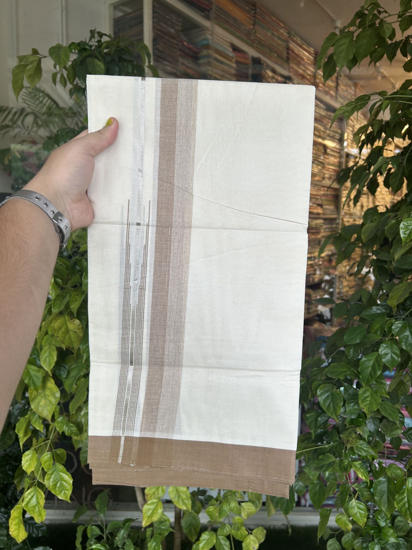 20% Discount ! Kaitharikada Balaramapuram 100% Pure Cotton Double Off white (Unbleached) Mundu/Dhoti - 100x80 - 1.5 inch Silver Kasav & Brown Shaded Stripes Chutty Kara 3.90 mtr (8 muzham) - 55 KK5313 PMC