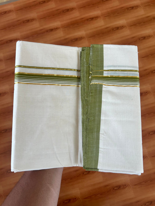 25% Discount! KaithariKada Handloom Millpaav - Kerala Handloom - Cotton Double Mundu/Dhoti Off white (Unbleached) - 80x90 - 1 inch Gold Kasav Olive Green Stripes Kara 4.00 meter (8.5 Muzham) - 14 KK5386 RAM