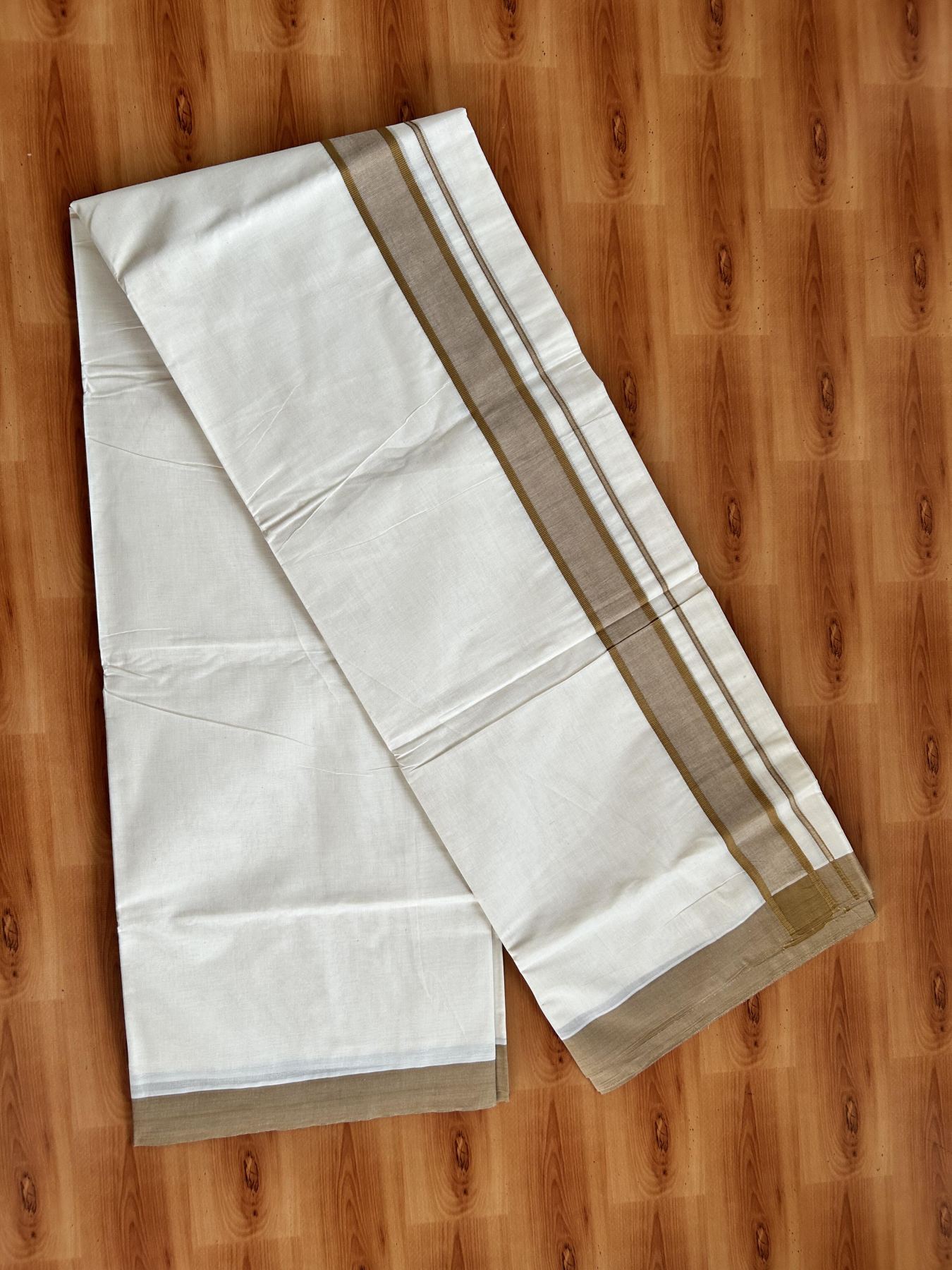 Double Off White Mundu/Dhoti- 20% Discount! KaithariKada 100% Cotton - 100X80 - 1.75 inch Light Brown Shaded Kara 4 mtr (8.5 muzham) - 1 KK5463 PMC