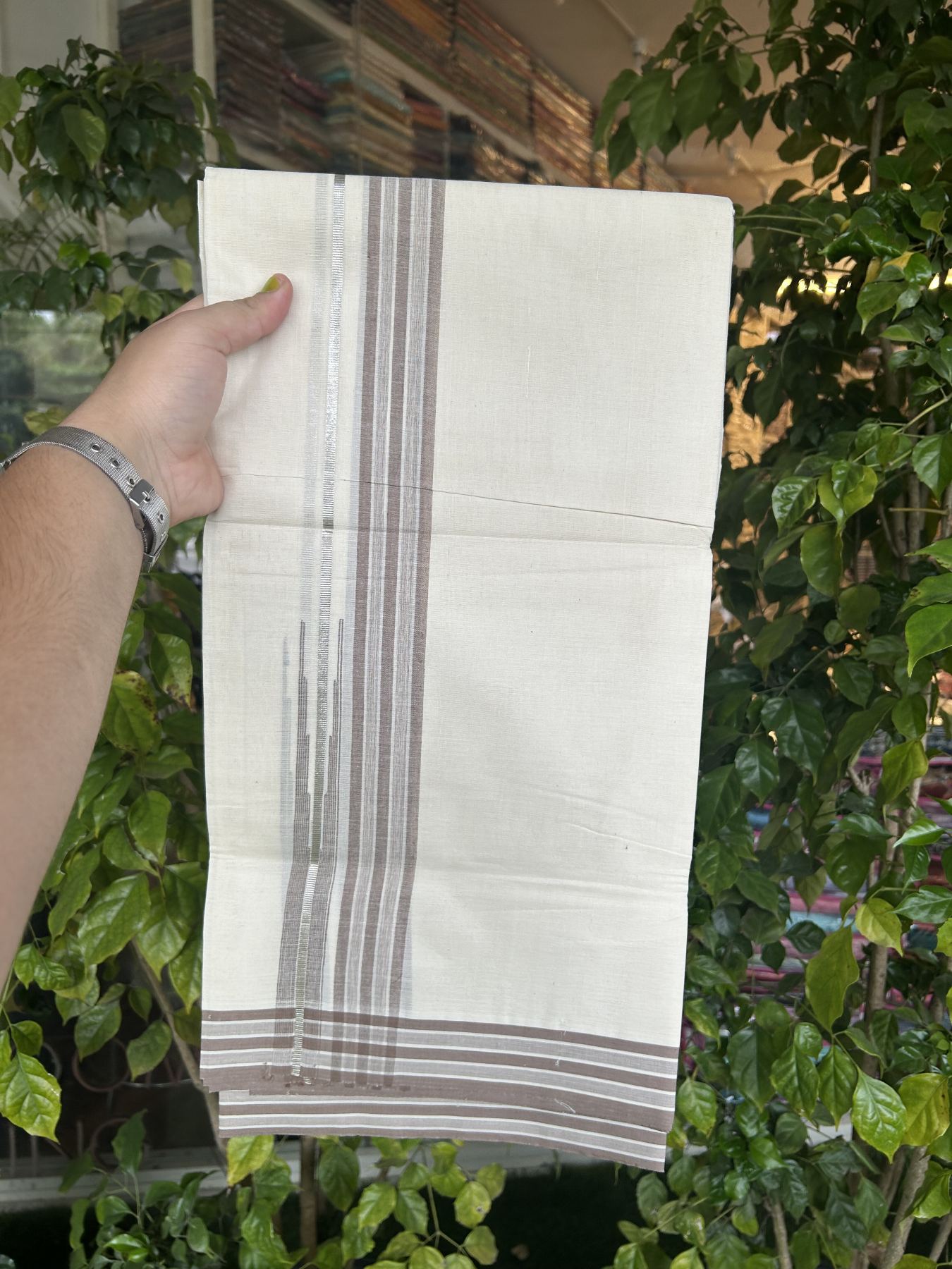 20% Discount ! Kaitharikada Balaramapuram 100% Pure Cotton Double Off white (Unbleached) Mundu/Dhoti - 100x80 - 1.25 inch Silver Kasav & Dark Brown Shaded Stripes Chutty Kara 3.90 mtr (8 muzham) - 54 KK5313 PMC