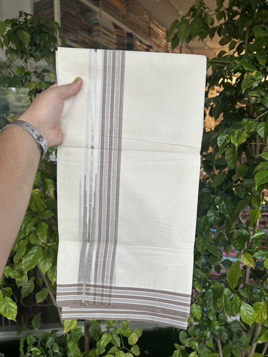 20% Discount ! Kaitharikada Balaramapuram 100% Pure Cotton Double Off white (Unbleached) Mundu/Dhoti - 100x80 - 1.25 inch Silver Kasav & Dark Brown Shaded Stripes Chutty Kara 3.90 mtr (8 muzham) - 54 KK5313 PMC