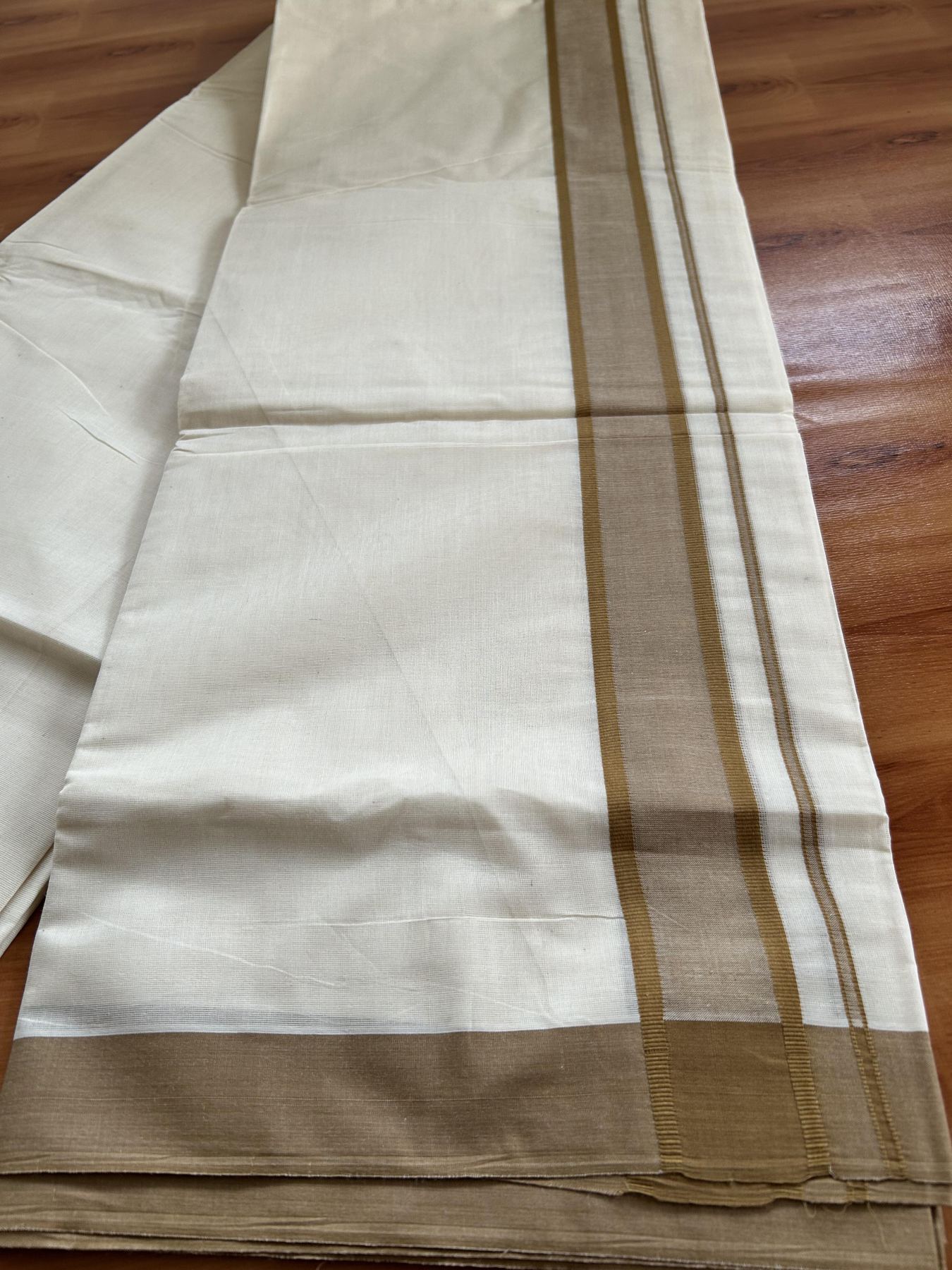 Double Off White Mundu/Dhoti- 20% Discount! KaithariKada 100% Cotton - 100X80 - 1.75 inch Light Brown Shaded Kara 4 mtr (8.5 muzham) - 1 KK5463 PMC