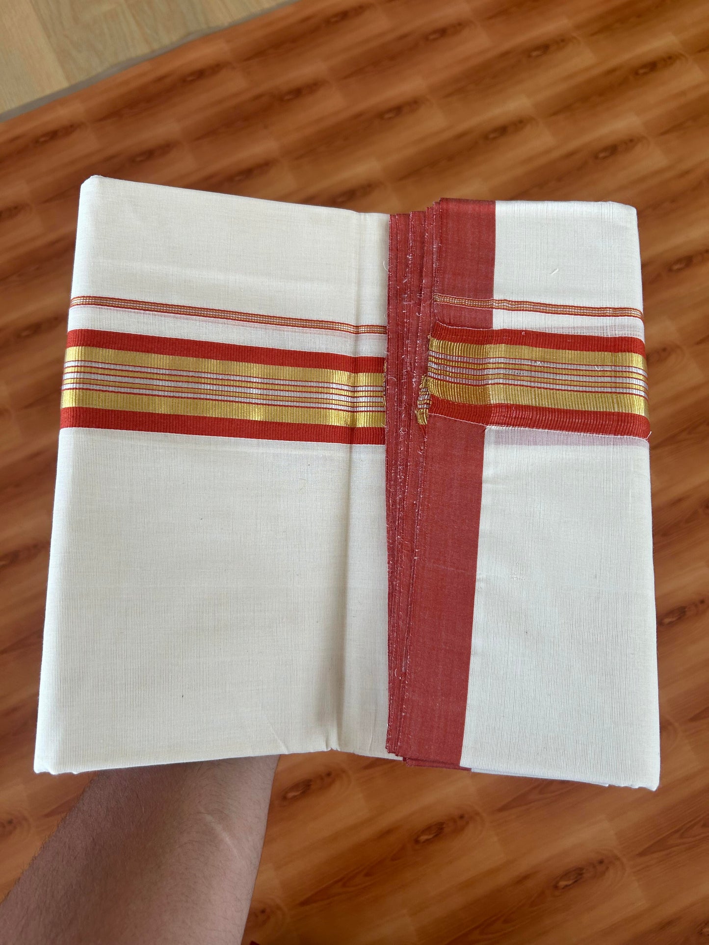 25% Discount! KaithariKada Handloom Millpaav - Kerala Handloom - Cotton Double Mundu/Dhoti Off white (Unbleached) - 80x90 - 1.5 inch Gold & Silver Kasav Burned Orange Stripes Kara 4.00 meter (8.5 Muzham) - 4 KK5386 RAM