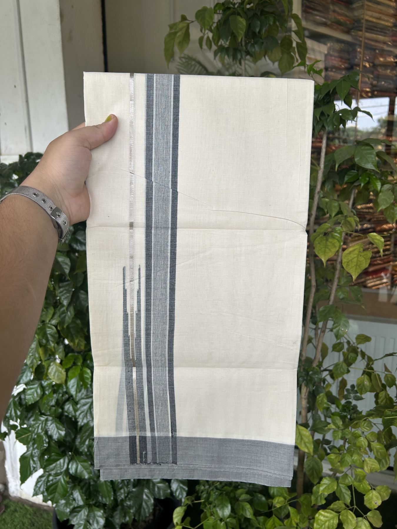 20% Discount ! Kaitharikada Balaramapuram 100% Pure Cotton Double Off white (Unbleached) Mundu/Dhoti - 100x80 - 1.25 inch Silver Kasav & Black Shaded Stripes Chutty Kara 3.90 mtr (8 muzham) - 56 KK5313 PMC