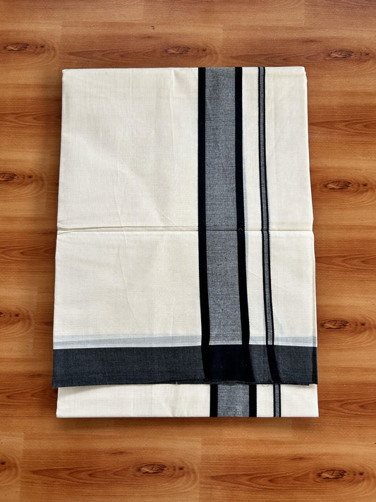 Double Off White Mundu/Dhoti- 20% Discount! KaithariKada 100% Cotton - 100X80 - 1.75 inch Black Shaded Kara 4 mtr (8.5 muzham) - 2 KK5463 PMC