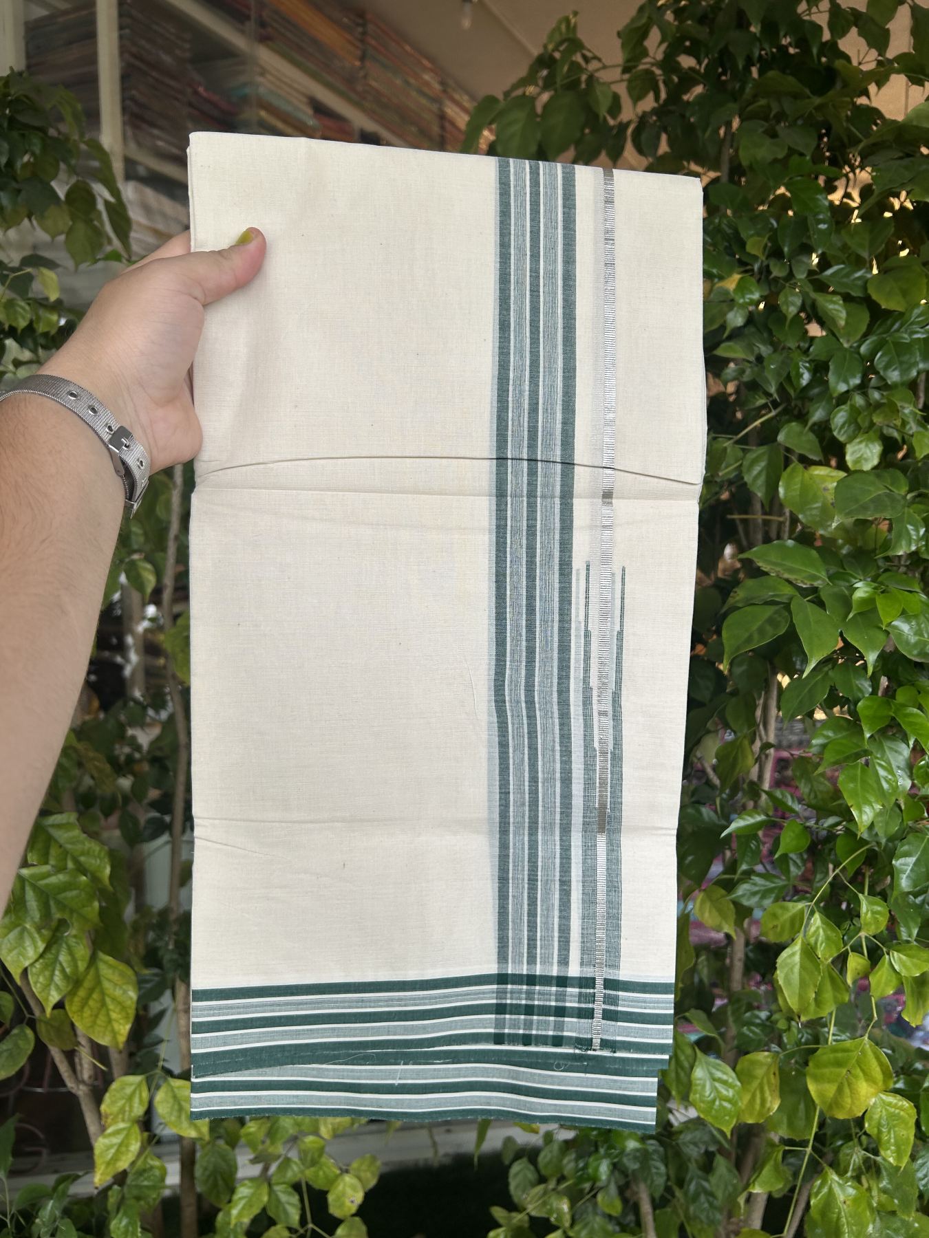 20% Discount ! Kaitharikada Balaramapuram 100% Pure Cotton Double Off white (Unbleached) Mundu/Dhoti - 100x80 - 1.5 inch Silver Kasav & Green Shaded Stripes Chutty Kara 3.90 mtr (8 muzham) - 59 KK5313 PMC