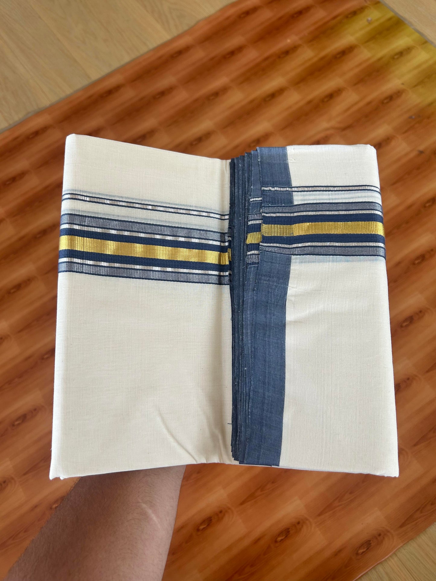 25% Discount! KaithariKada Handloom Millpaav - Kerala Handloom - Cotton Double Mundu/Dhoti Off white (Unbleached) - 80x90 - 1.75 inch Gold & Silver Kasav Ash Blue Stripes Kara 4.00 meter (8.5 Muzham) - 9 KK5386 RAM