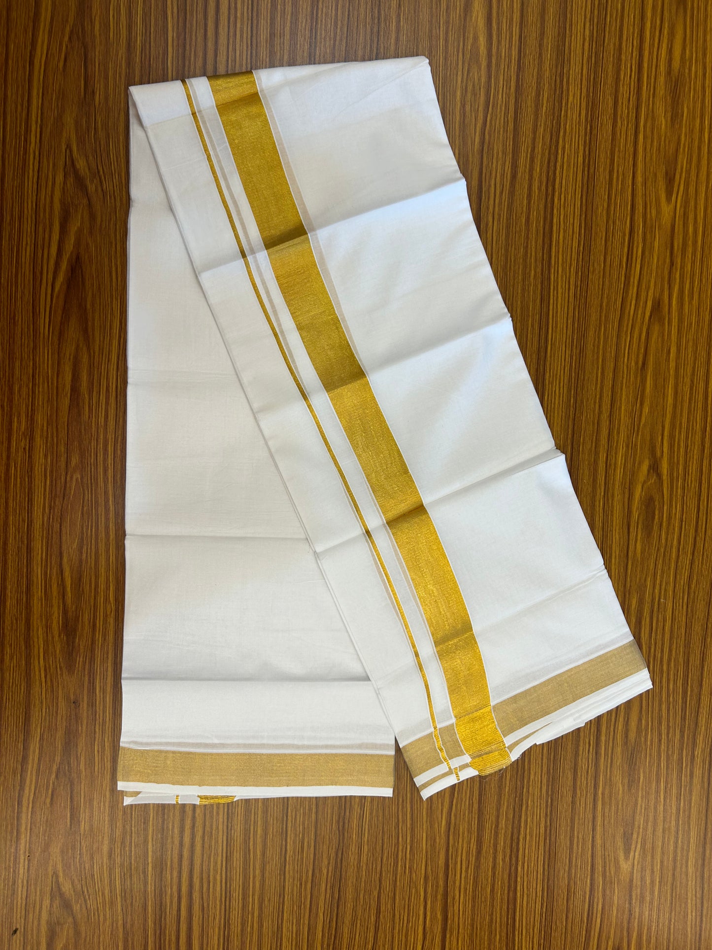 20% Discount! Kaitharikada Balaramapuram 100% Cotton Pure White Double Mundu/Dothi  - 100x100- 1.5 Inch Gold Kasav Kara - 49 KK5371 GAN
