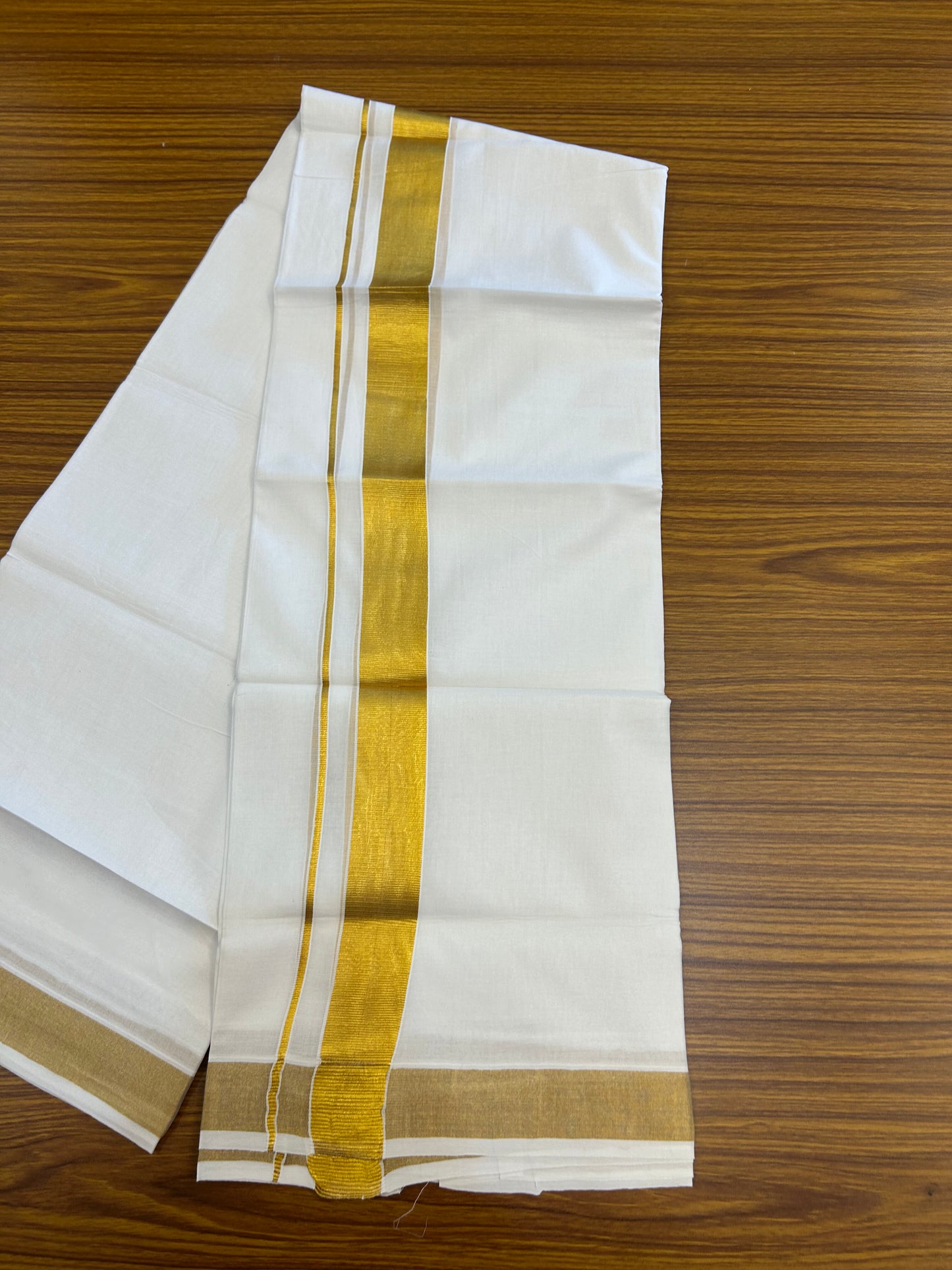 20% Discount! Kaitharikada Balaramapuram 100% Cotton Pure White Double Mundu/Dothi  - 100x100- 1.5 Inch Gold Kasav Kara - 49 KK5371 GAN