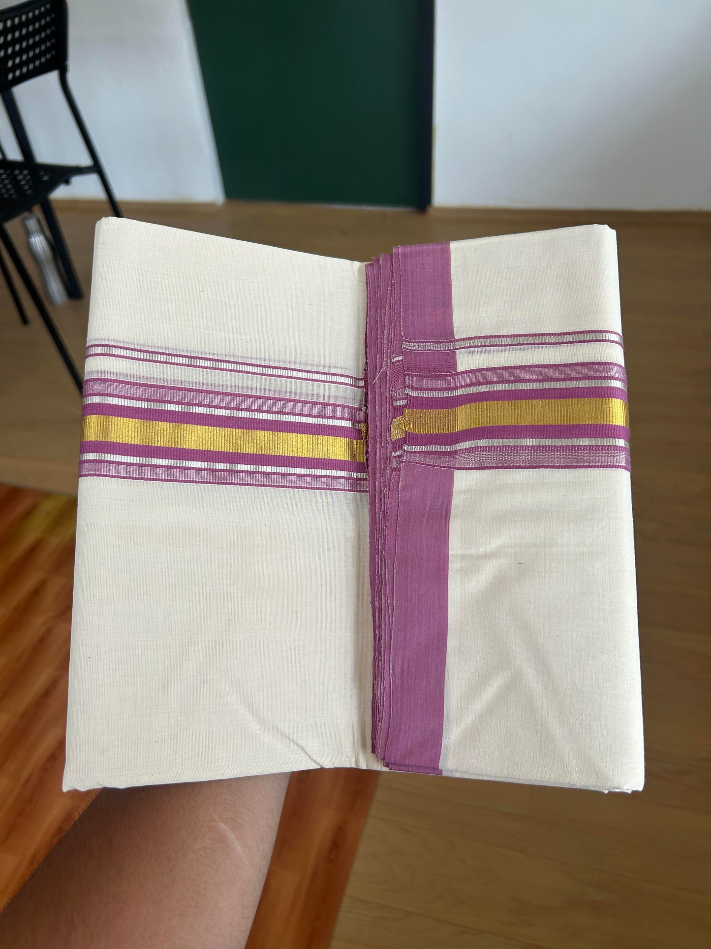 25% Discount! KaithariKada Handloom Millpaav - Kerala Handloom - Cotton Double Mundu/Dhoti Off white (Unbleached) - 80x90 - 1.75 inch Gold & Silver Kasav Deep Magenta Stripes Kara 4.00 meter (8.5 Muzham) - 3 KK5386 RAM