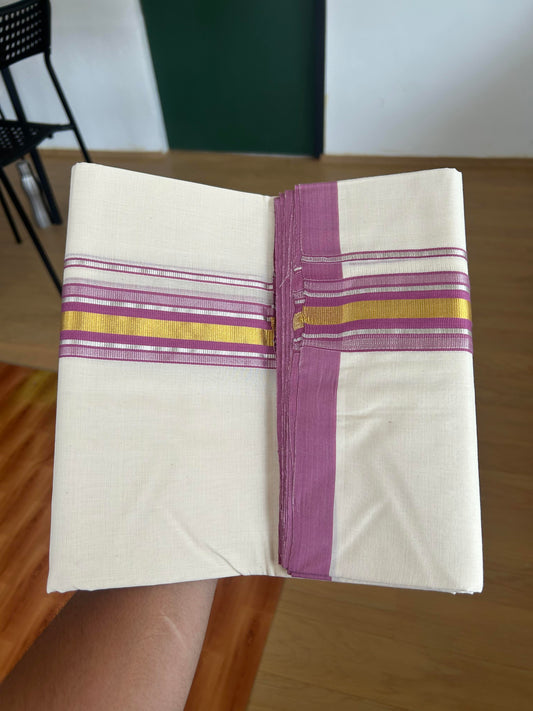 25% Discount! KaithariKada Handloom Millpaav - Kerala Handloom - Cotton Double Mundu/Dhoti Off white (Unbleached) - 80x90 - 1.75 inch Gold & Silver Kasav Deep Magenta Stripes Kara 4.00 meter (8.5 Muzham) - 3 KK5386 RAM