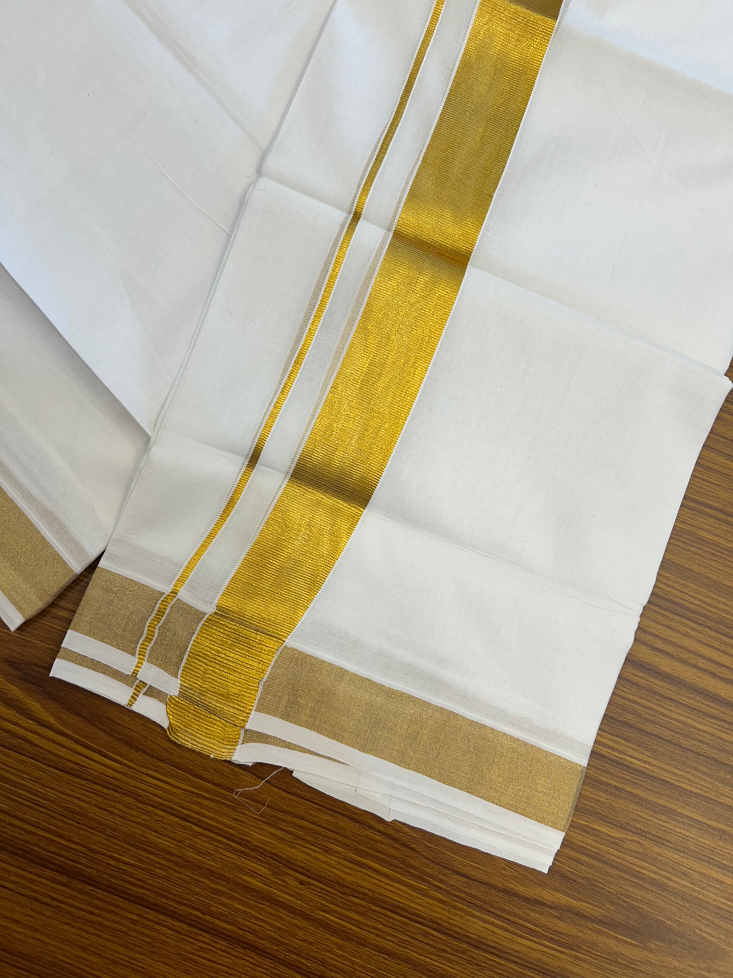 20% Discount! Kaitharikada Balaramapuram 100% Cotton Pure White Double Mundu/Dothi  - 100x100- 1.5 Inch Gold Kasav Kara - 49 KK5371 GAN