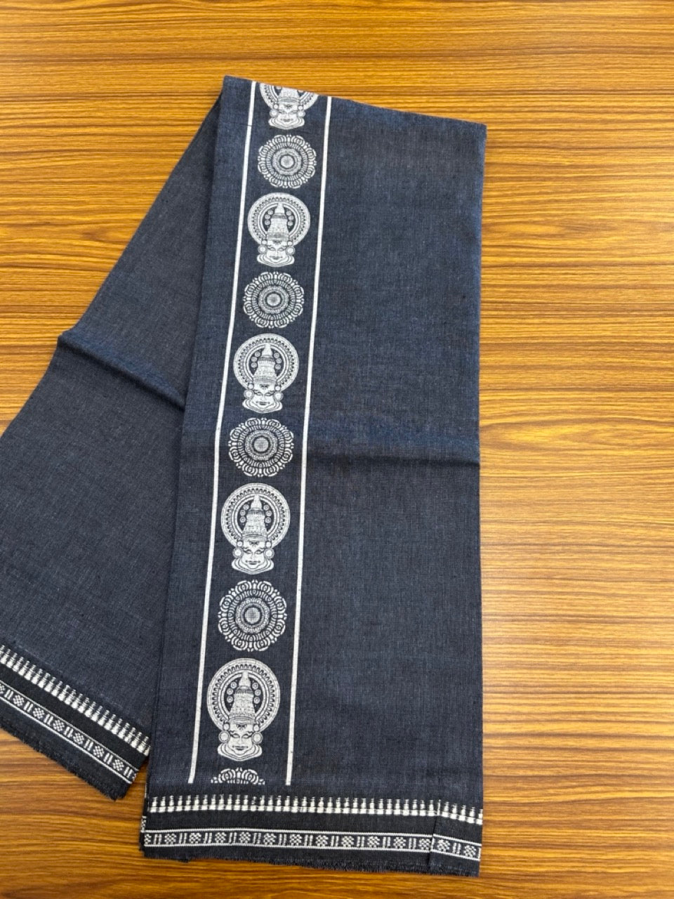 Kaitharikada - Polyster + Cotton - 20s twisted - Single Kaily / Lungi - 2.75 inch White Kadhakali Printed Kuppadam Border with Ash Blue colour body (2 meter / 4 muzham) -  66 KK8035 GAN