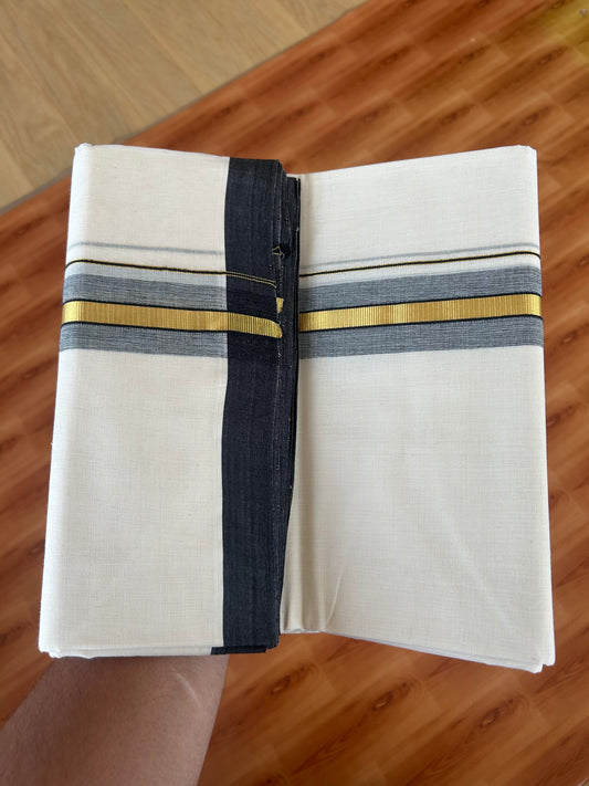 25% Discount! KaithariKada Handloom Millpaav - Kerala Handloom - Cotton Double Mundu/Dhoti Off white (Unbleached) - 80x90 - 1.75 inch Gold  Kasav Black Stripes Kara 4.00 meter (8.5 Muzham) - 2 KK5386 RAM