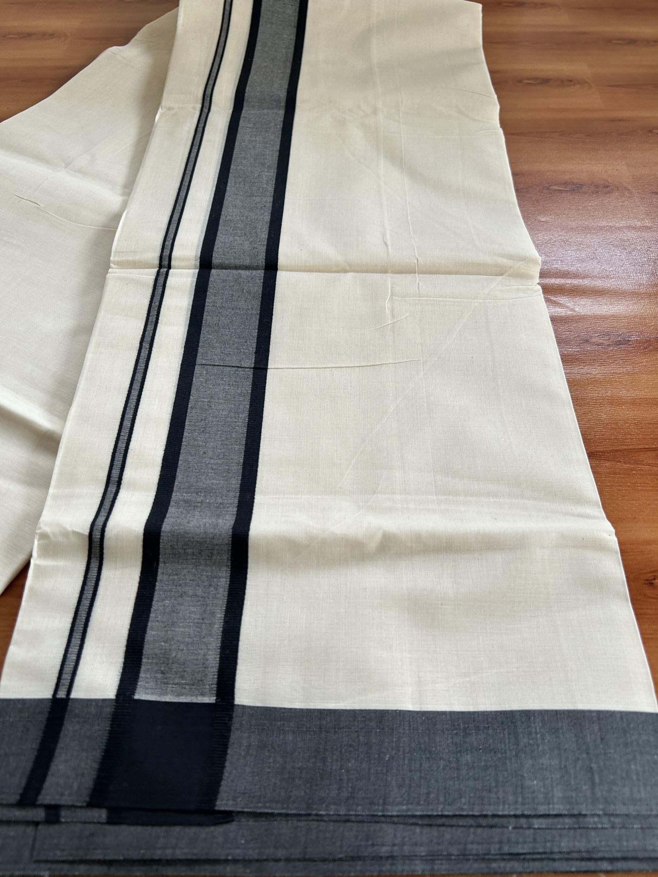 Double Off White Mundu/Dhoti- 20% Discount! KaithariKada 100% Cotton - 100X80 - 1.75 inch Black Shaded Kara 4 mtr (8.5 muzham) - 2 KK5463 PMC