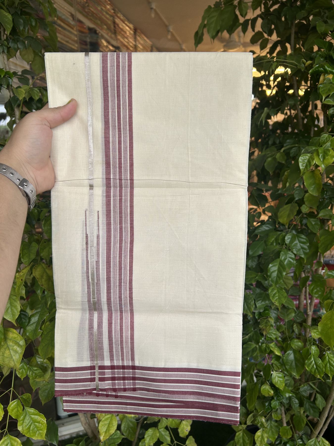 20% Discount ! Kaitharikada Balaramapuram 100% Pure Cotton Double Off white (Unbleached) Mundu/Dhoti - 100x80 - 1.5 inch Silver Kasav Maroon Shaded Stripes Chutty Kara 3.90 mtr (8 muzham) - 50 KK5313 PMC