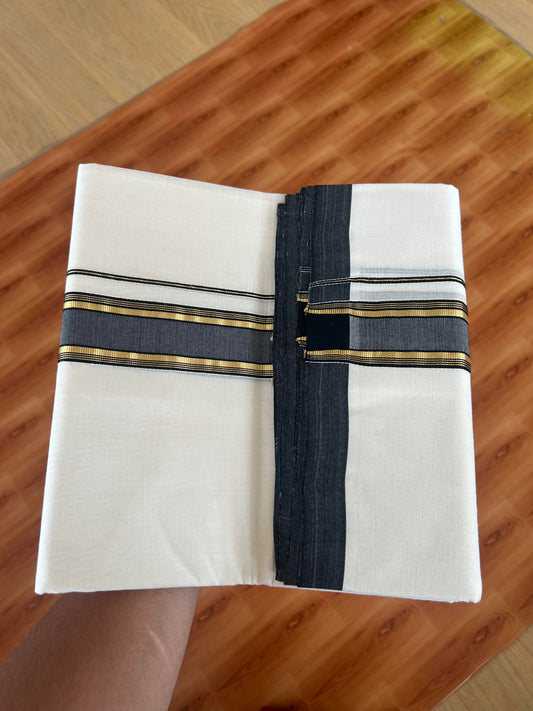 25% Discount! KaithariKada Handloom Millpaav - Kerala Handloom - Cotton Double Mundu/Dhoti Off white (Unbleached) - 80x90 - 1.75 inch Gold Kasav Black Stripes Kara 4.00 meter (8.5 Muzham) - 17 KK5386 RAM