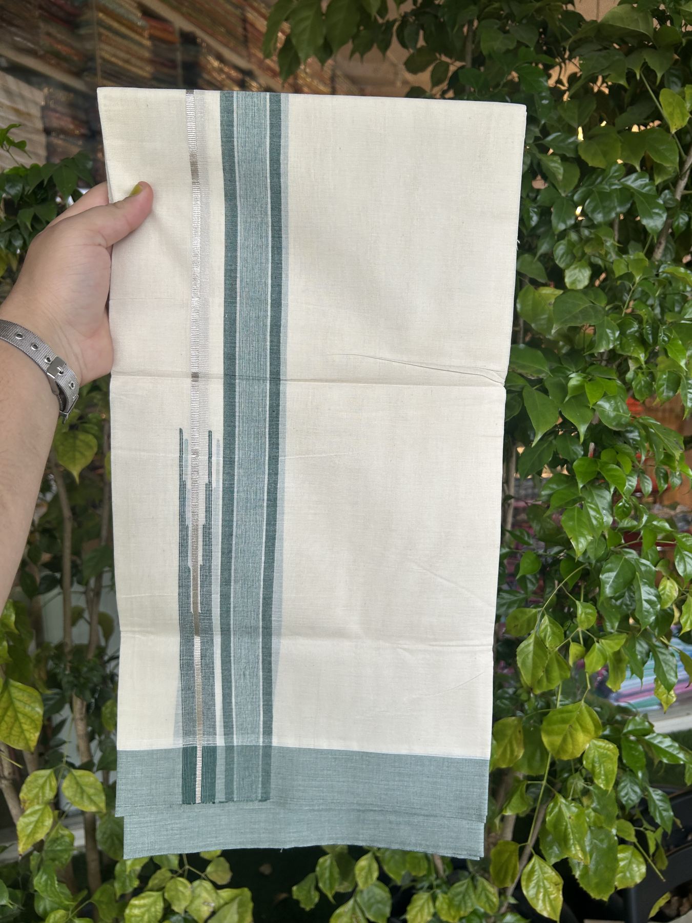 20% Discount ! Kaitharikada Balaramapuram 100% Pure Cotton Double Off white (Unbleached) Mundu/Dhoti - 100x80 - 1.25 inch Silver Kasav & Green Shaded Stripes Chutty Kara 3.90 mtr (8 muzham) - 40 KK5313 PMC