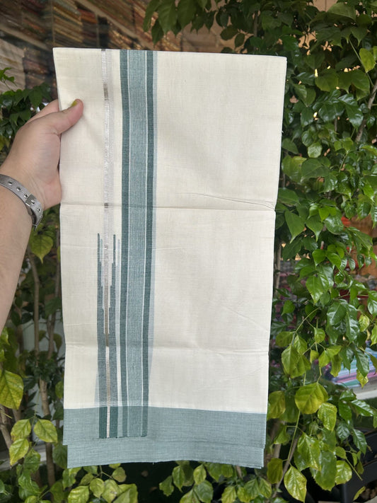 20% Discount ! Kaitharikada Balaramapuram 100% Pure Cotton Double Off white (Unbleached) Mundu/Dhoti - 100x80 - 1.25 inch Silver Kasav & Green Shaded Stripes Chutty Kara 3.90 mtr (8 muzham) - 40 KK5313 PMC