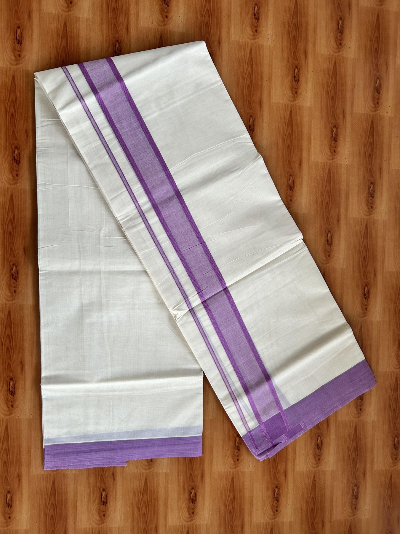 Double Off White Mundu/Dhoti- 20% Discount! KaithariKada 100% Cotton - 100X80 - 2 inch Light Purple Shaded Kara 4 mtr (8.5 muzham) - 3 KK5463 PMC