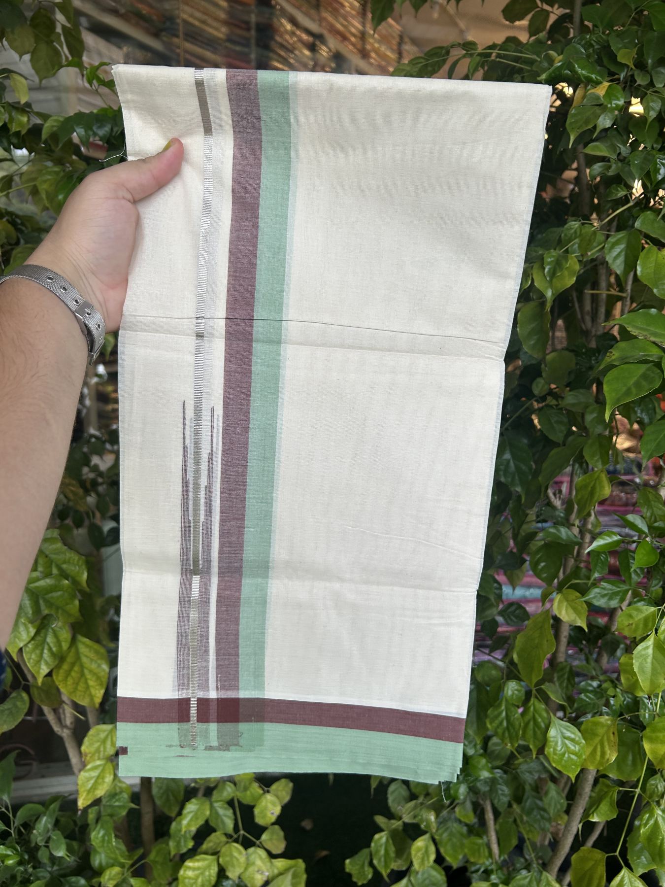 20% Discount ! Kaitharikada Balaramapuram 100% Pure Cotton Double Off white (Unbleached) Mundu/Dhoti - 100x80 - 1.5 inch Silver Kasav Brown & Light Green Shaded Stripes Chutty Kara 3.90 mtr (8 muzham) - 41 KK5313 PMC