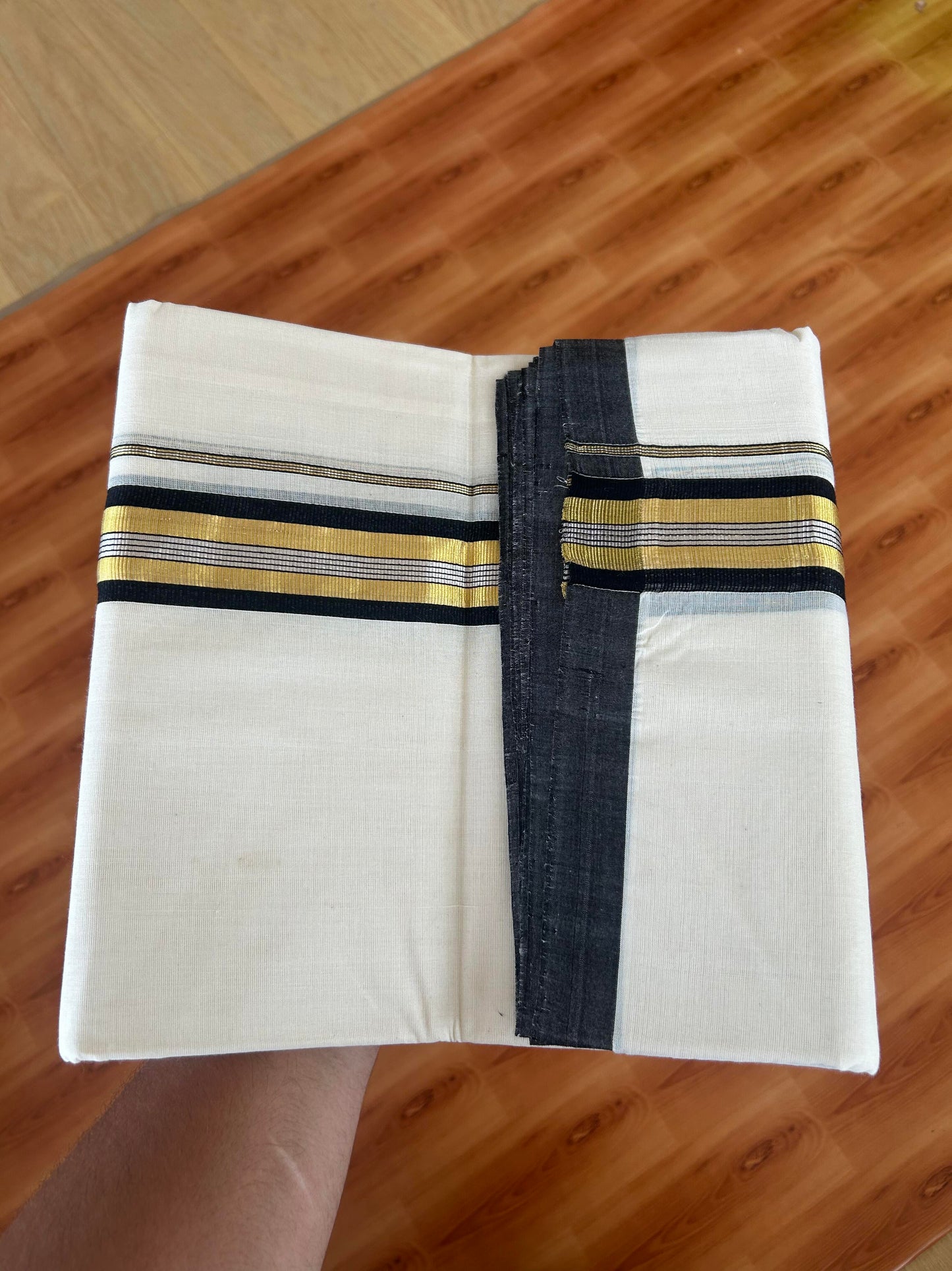 25% Discount! KaithariKada Handloom Millpaav - Kerala Handloom - Cotton Double Mundu/Dhoti Off white (Unbleached) - 80x90 - 1.75 inch Gold & Silver Kasav Black Stripes Kara 4.00 meter (8.5 Muzham) - 11 KK5386 RAM