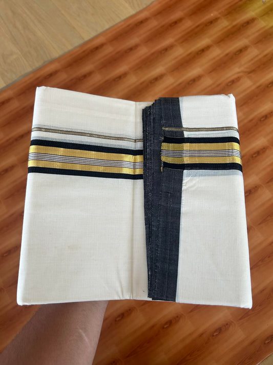 25% Discount! KaithariKada Handloom Millpaav - Kerala Handloom - Cotton Double Mundu/Dhoti Off white (Unbleached) - 80x90 - 1.75 inch Gold & Silver Kasav Black Stripes Kara 4.00 meter (8.5 Muzham) - 11 KK5386 RAM