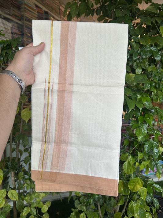 20% Discount ! Kaitharikada Balaramapuram 100% Pure Cotton Double Off white (Unbleached) Mundu/Dhoti - 100x80 - 1.75 inch Gold Kasav & Pastel Peach Shaded Stripes Chutty Kara 3.90 mtr (8 muzham) - 32 KK5313 PMC