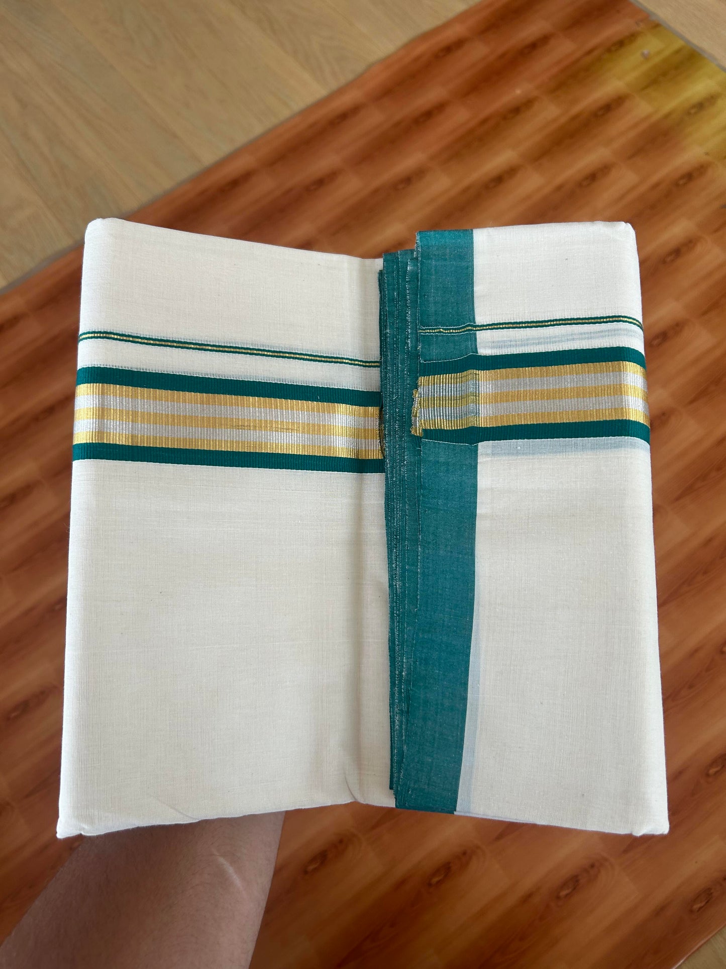 25% Discount! KaithariKada Handloom Millpaav - Kerala Handloom - Cotton Double Mundu/Dhoti Off white (Unbleached) - 80x90 - 1.75 inch Gold & Silver Kasav Peacock Green Stripes Kara 4.00 meter (8.5 Muzham) - 6 KK5386 RAM