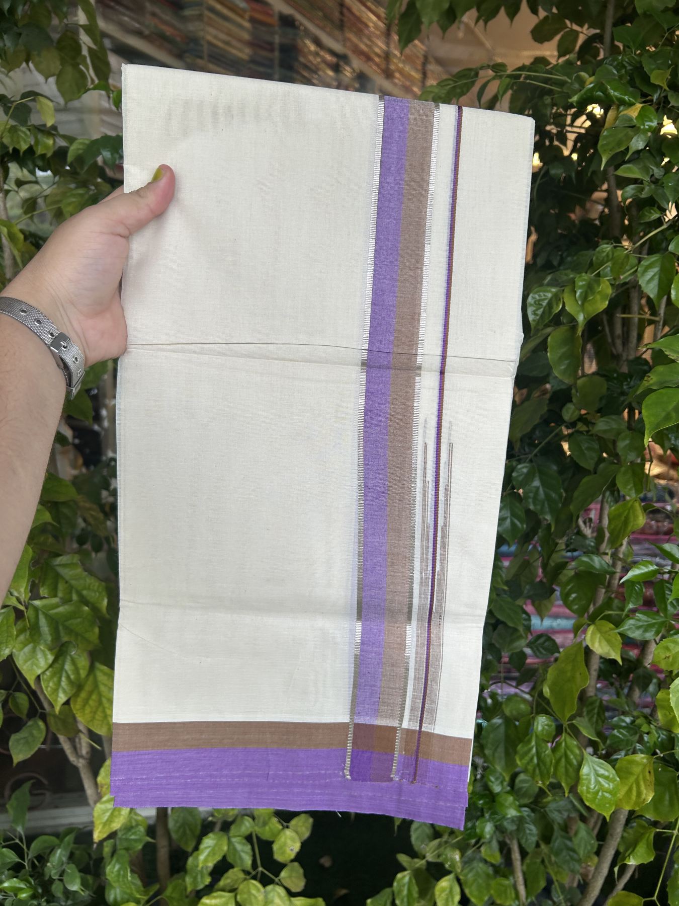 20% Discount ! Kaitharikada Balaramapuram 100% Pure Cotton Double Off white (Unbleached) Mundu/Dhoti - 100x80 - 1.5 inch Silver Kasav Peanut Brown & Violet Shaded Stripes Chutty Kara 3.90 mtr (8 muzham) - 45 KK5313 PMC