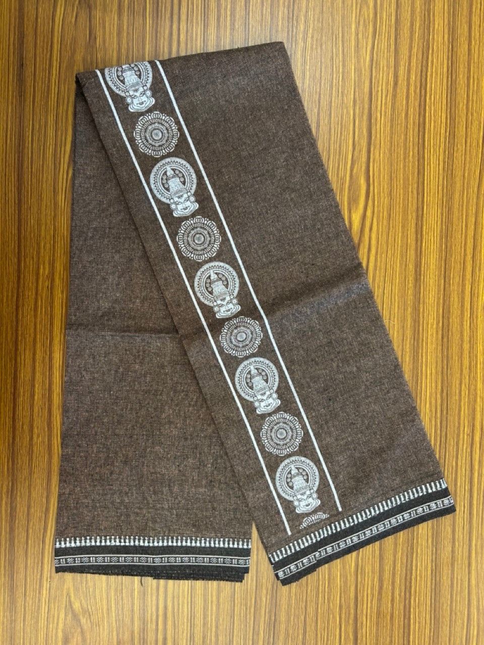 Kaitharikada - Polyster + Cotton - 20s twisted - Single Kaily / Lungi - 2.75 inch White Kadhakali Printed Kuppadam Border with Brown colour body (2 meter / 4 muzham) -  61 KK8035 GAN