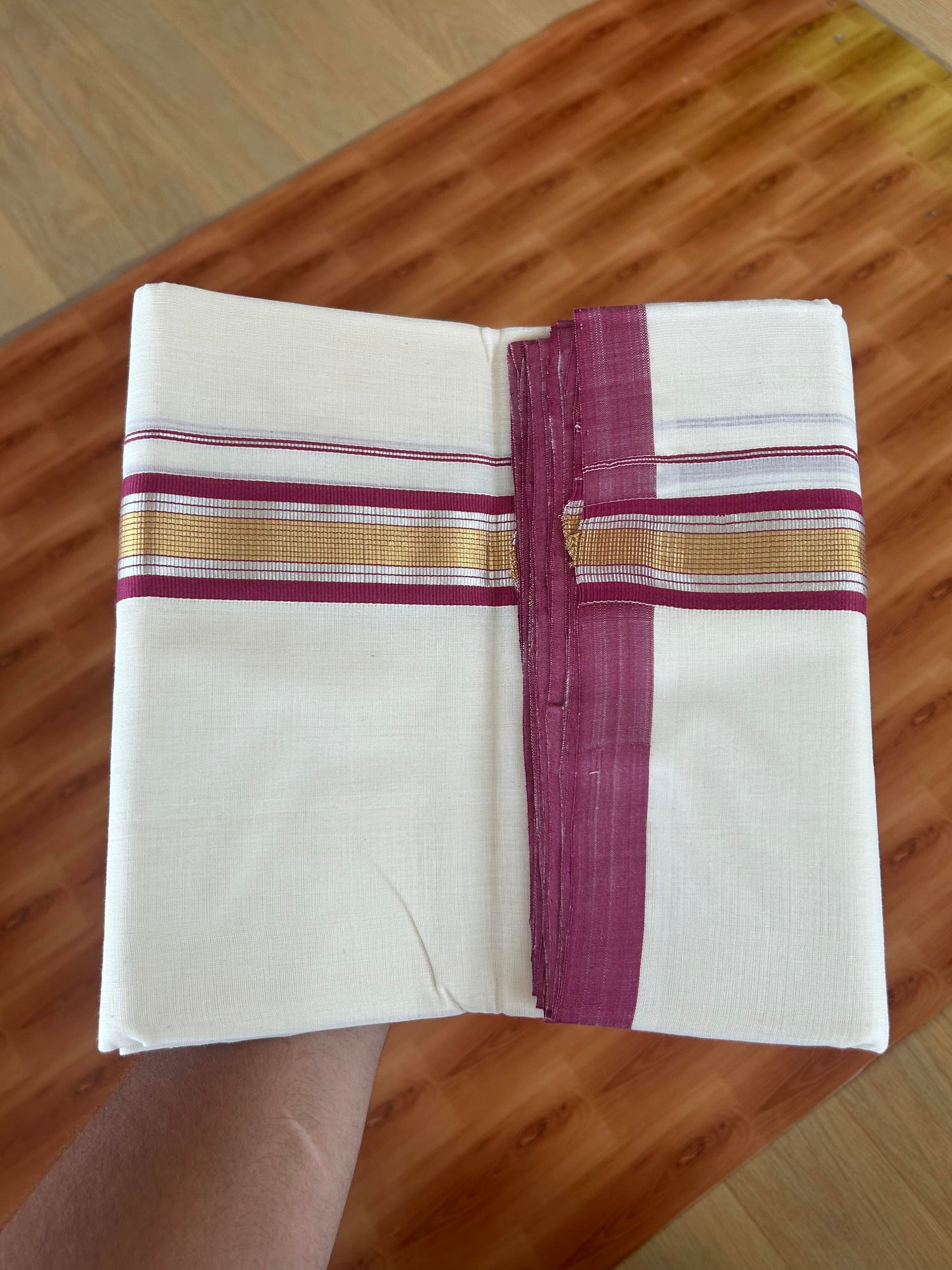 25% Discount! KaithariKada Handloom Millpaav - Kerala Handloom - Cotton Double Mundu/Dhoti Off white (Unbleached) - 80x90 - 1.75 inch Gold & Silver Kasav Dusty Maroon Stripes Kara 4.00 meter (8.5 Muzham) - 8 KK5386 RAM