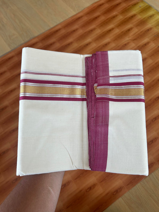 25% Discount! KaithariKada Handloom Millpaav - Kerala Handloom - Cotton Double Mundu/Dhoti Off white (Unbleached) - 80x90 - 1.75 inch Gold & Silver Kasav Dusty Maroon Stripes Kara 4.00 meter (8.5 Muzham) - 8 KK5386 RAM