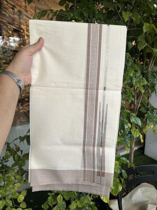 20% Discount ! Kaitharikada Balaramapuram 100% Pure Cotton Double Off white (Unbleached) Mundu/Dhoti - 100x80 - 1.5 inch Silver Kasav & Peanut Brown Shaded Stripes Chutty Kara 3.90 mtr (8 muzham) - 46 KK5313 PMC