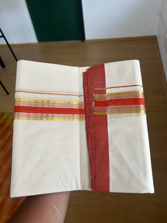 25% Discount! KaithariKada Handloom Millpaav - Kerala Handloom - Cotton Double Mundu/Dhoti Off white (Unbleached) - 80x90 - 1.75 inch Gold & Silver Kasav Burned Orange Stripes Kara 4.00 meter (8.5 Muzham) - 1 KK5386 RAM