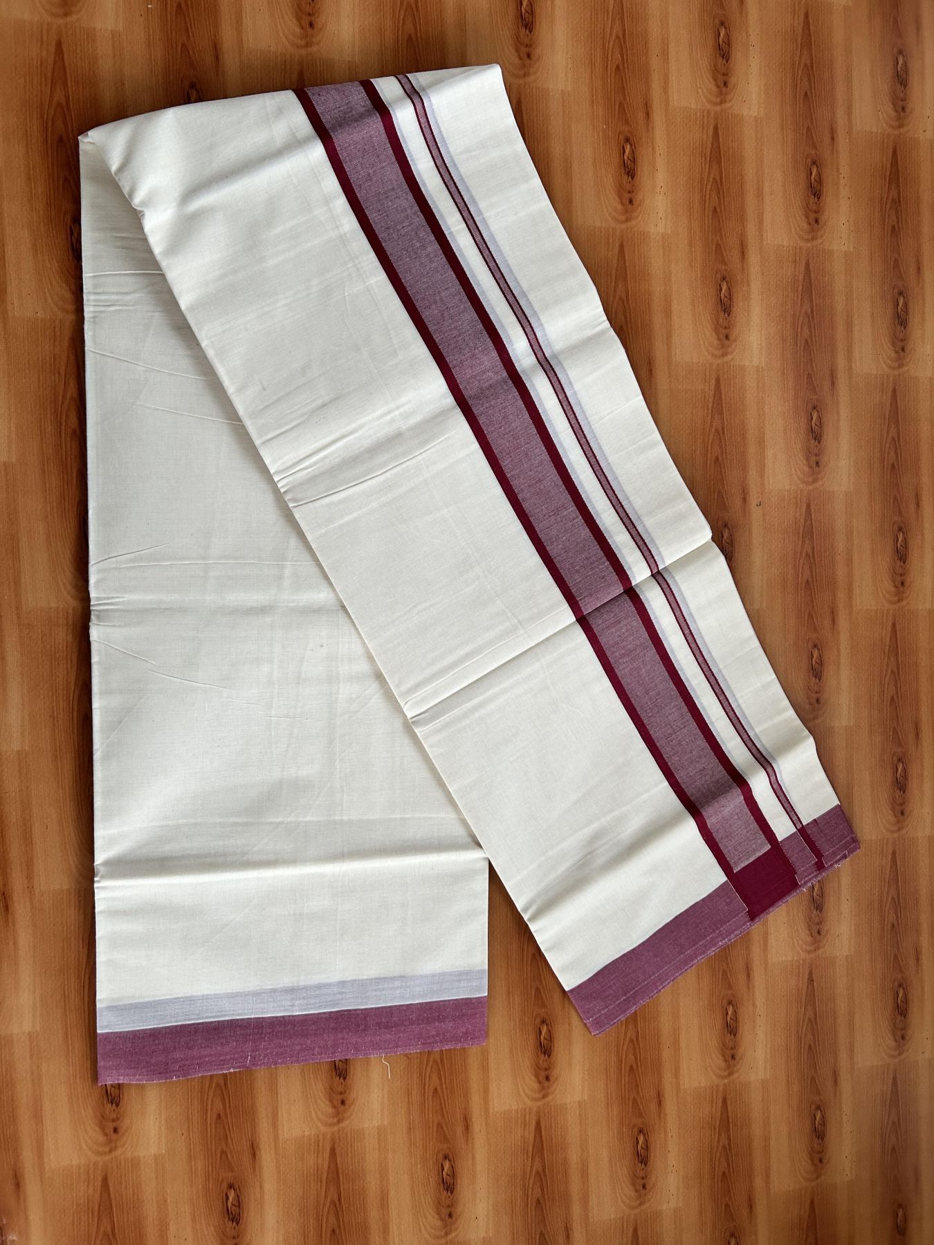Double Off White Mundu/Dhoti- 20% Discount! KaithariKada 100% Cotton - 100X80 - 1.75 inch Maroon Shaded Kara 4 mtr (8.5 muzham) - 4 KK5463 PMC