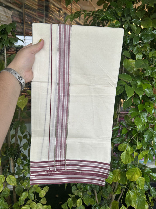 20% Discount ! Kaitharikada Balaramapuram 100% Pure Cotton Double Off white (Unbleached) Mundu/Dhoti - 100x80 - 1.5 inch Silver Kasav & Maroon Shaded Stripes Kara 3.90 mtr (8 muzham) - 58 KK5313 PMC