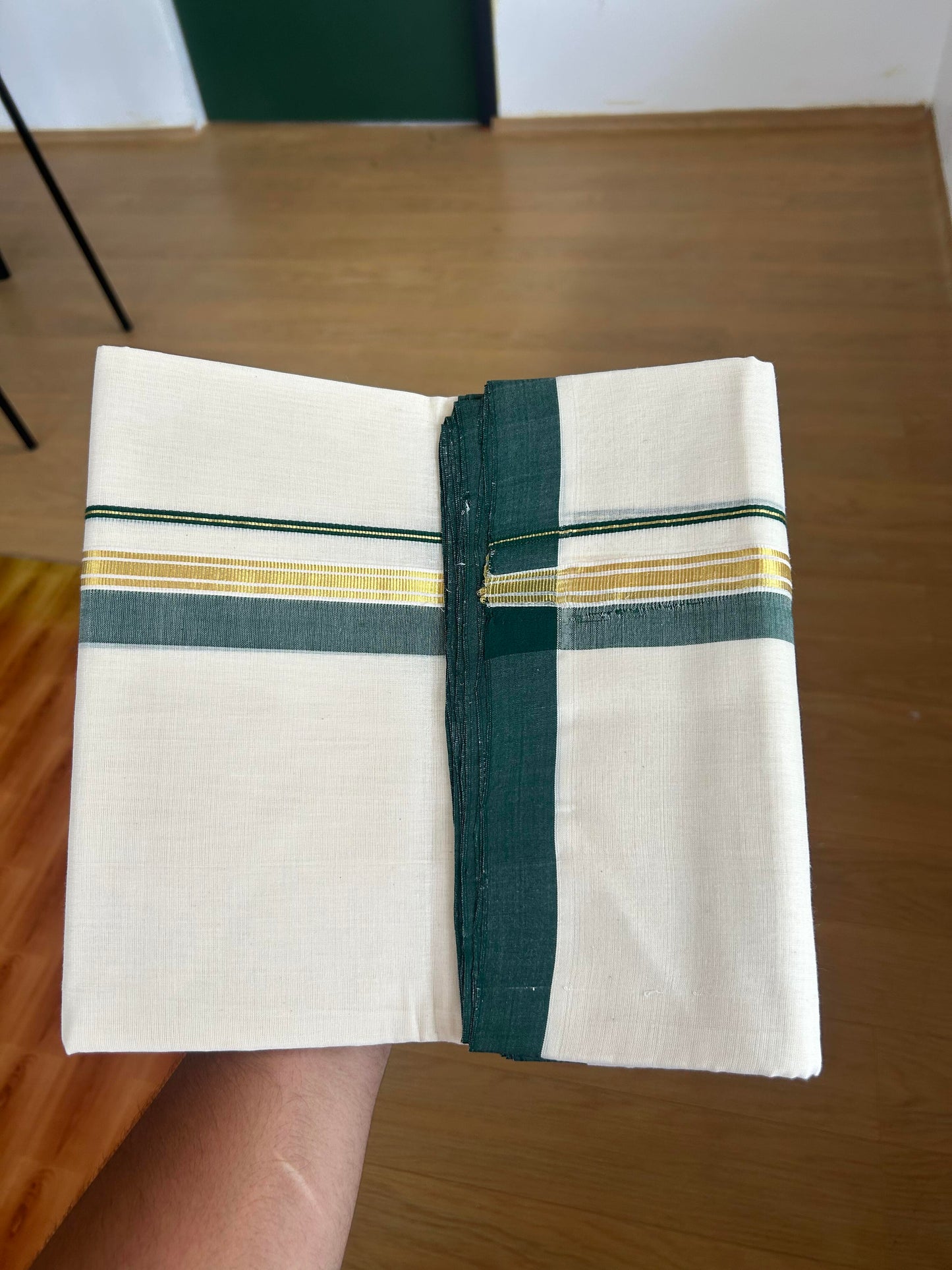 25% Discount! KaithariKada Handloom Millpaav - Kerala Handloom - Cotton Double Mundu/Dhoti Off white (Unbleached) - 80x90 - 1.25 inch Gold Kasav Dark Green Shaded Stripes Kara 4.00 meter (8.5 Muzham) - 13 KK5386 RAM