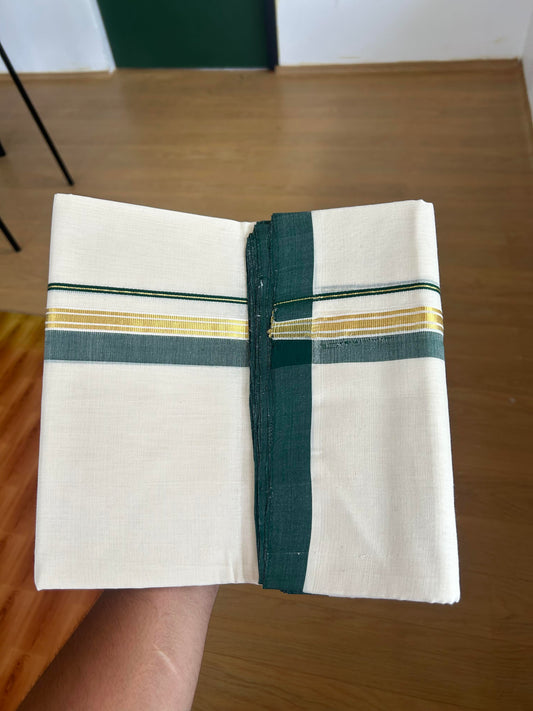 25% Discount! KaithariKada Handloom Millpaav - Kerala Handloom - Cotton Double Mundu/Dhoti Off white (Unbleached) - 80x90 - 1.25 inch Gold Kasav Dark Green Shaded Stripes Kara 4.00 meter (8.5 Muzham) - 13 KK5386 RAM