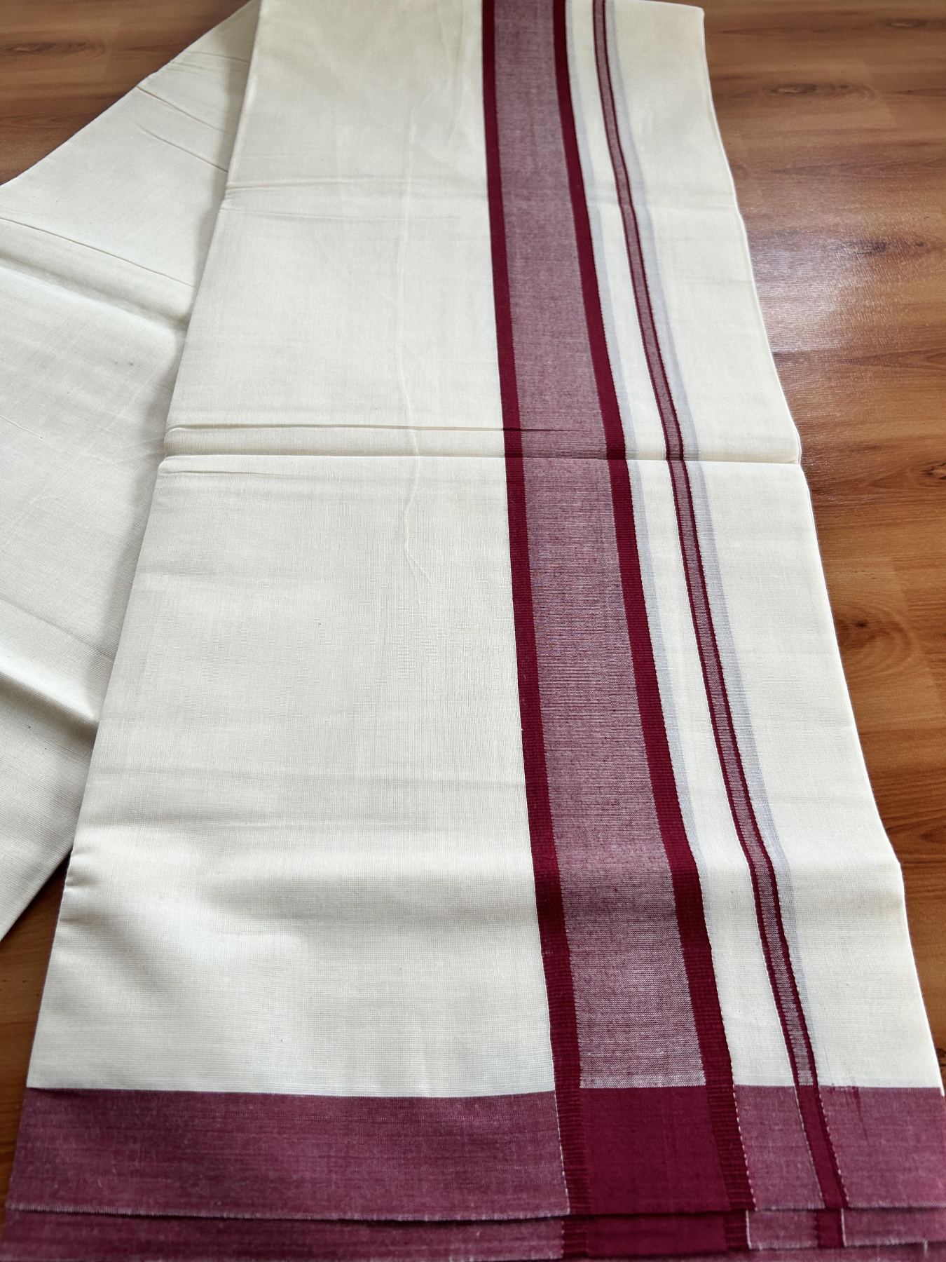 Double Off White Mundu/Dhoti- 20% Discount! KaithariKada 100% Cotton - 100X80 - 1.75 inch Maroon Shaded Kara 4 mtr (8.5 muzham) - 4 KK5463 PMC