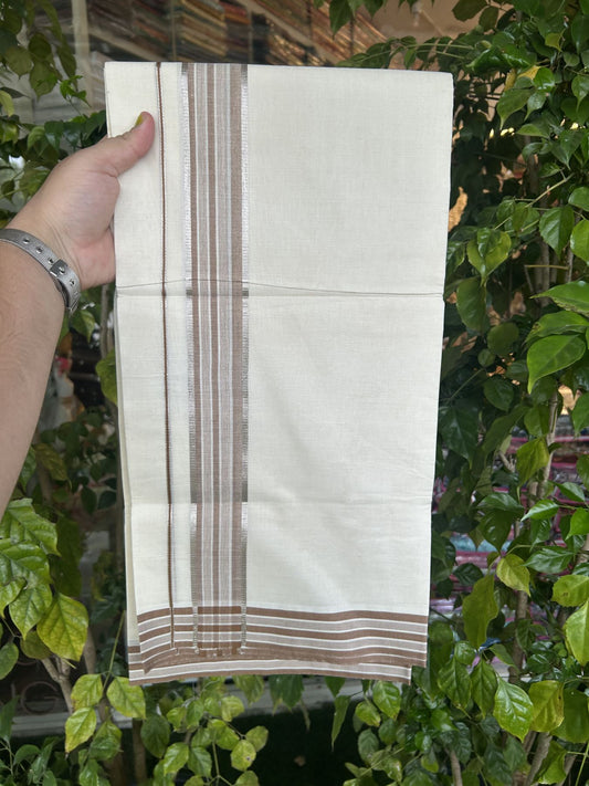 20% Discount ! Kaitharikada Balaramapuram 100% Pure Cotton Double Off white (Unbleached) Mundu/Dhoti - 100x80 - 1.75 inch Silver Kasav & Brown Shaded Stripes Kara 3.90 mtr (8 muzham) - 53 KK5313 PMC