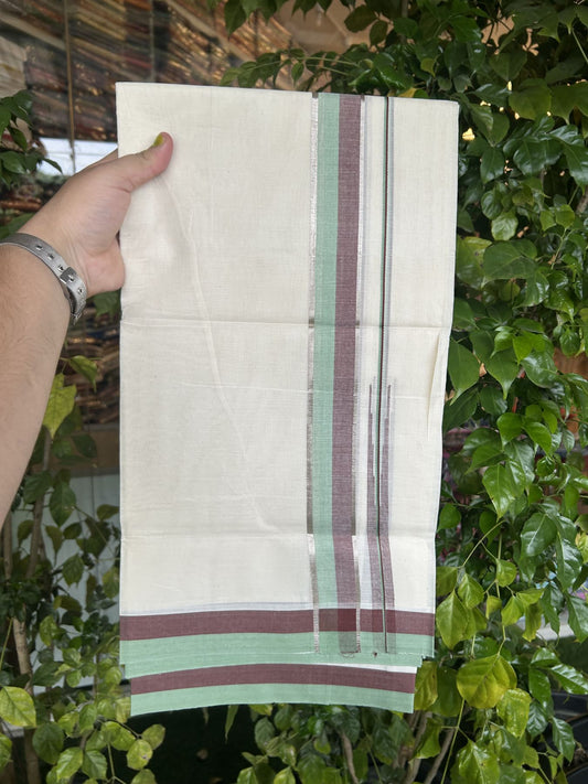 20% Discount ! Kaitharikada Balaramapuram 100% Pure Cotton Double Off white (Unbleached) Mundu/Dhoti - 100x80 - 1.5 inch Silver Kasav Brown & Pista Green Shaded Stripes Chutty Kara 3.90 mtr (8 muzham) - 49 KK5313 PMC