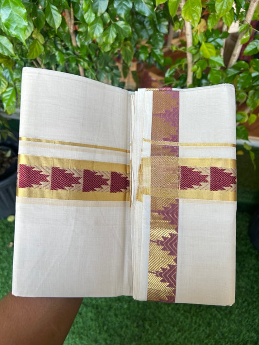 25% DISCOUNT ! KaithariKada HANDLOOM Unakkupaav Balaramapuram - 100% PURE Cotton Off White - (Unbleached) Double Mundu/Dhoti - 1.75 inch Gold Kasavu & Maroon Temple Jacquard Design Kara - 3KK5206 ABH