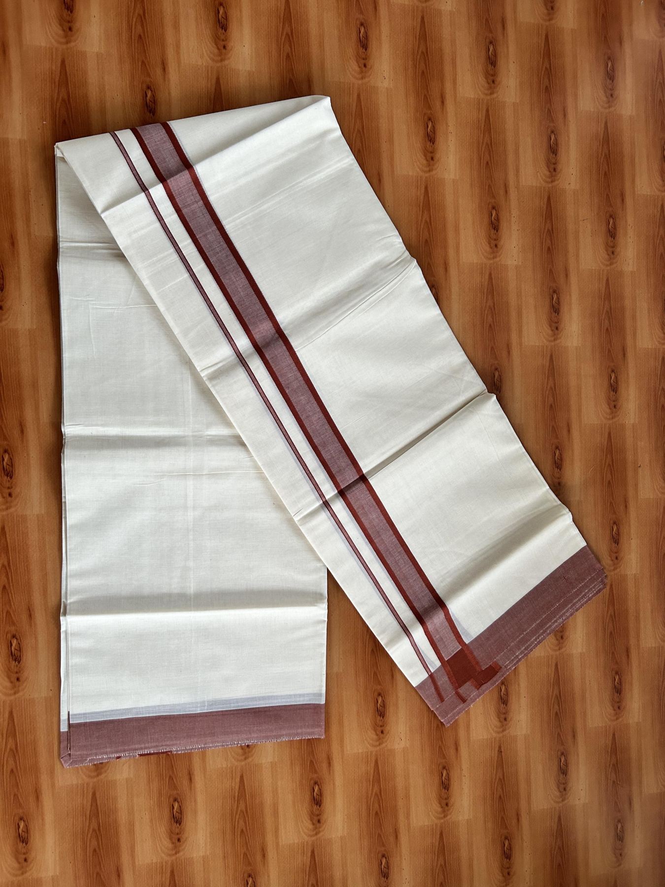 Double Off White Mundu/Dhoti- 20% Discount! KaithariKada 100% Cotton - 100X80 - 1.25 inch Brick Orange Shaded Kara 4 mtr (8.5 muzham) - 5 KK5463 PMC