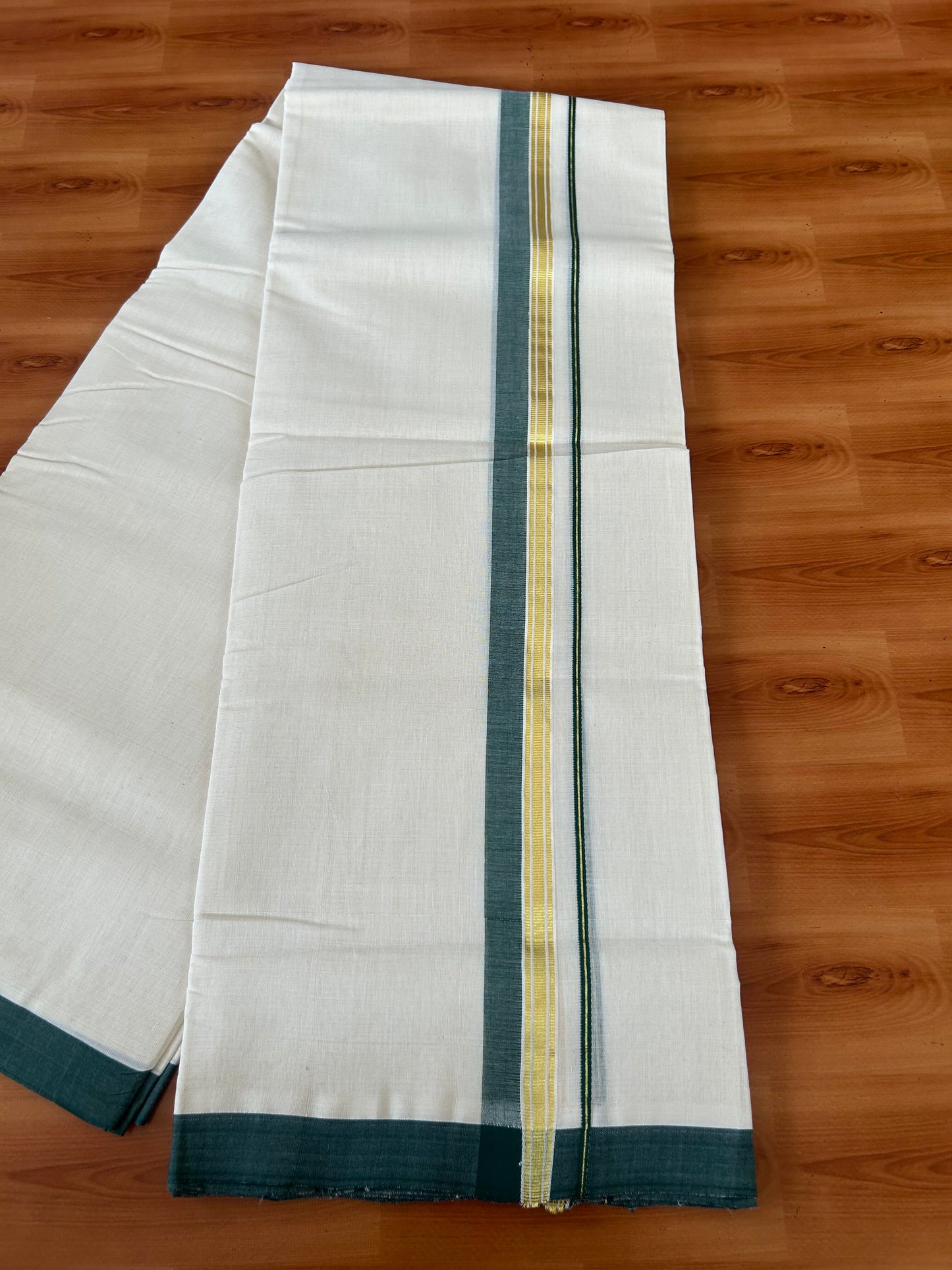 25% Discount! KaithariKada Handloom Millpaav - Kerala Handloom - Cotton Double Mundu/Dhoti Off white (Unbleached) - 80x90 - 1.25 inch Gold Kasav Dark Green Shaded Stripes Kara 4.00 meter (8.5 Muzham) - 13 KK5386 RAM