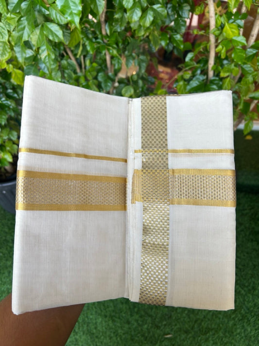 HANDLOOM Pure SILK Dhoti NEW!  25% DISCOUNT  from Kaitharikada.com - BALARAMAPURAM Handloom Unakkupaav -  OFF WHITE - Double Mundu/Dhoti - 100x100 - Pure cotton + Silk -  1.75 inch Gold Kasavu Designer Kara - 5KK5206 ABH